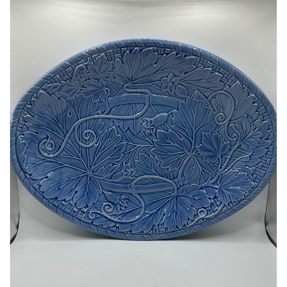 Vintage Portugal Blue Majolica Grape Leaf Oval Serving Platter 15 Inch